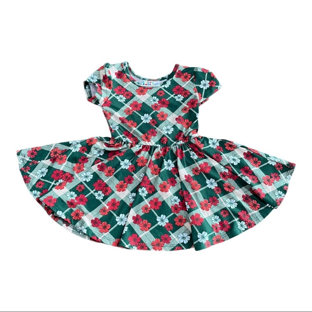 Dot Dot Smile Red & Green Floral Plaid Christmas Holiday Cap Dress